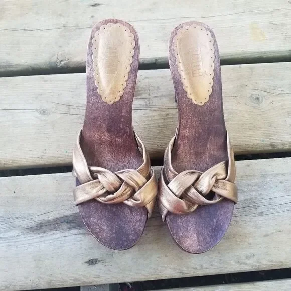 Vintage 90s y2k BRATZ Wood Leather‎ Heeled Sandals - Picture 2 of 9